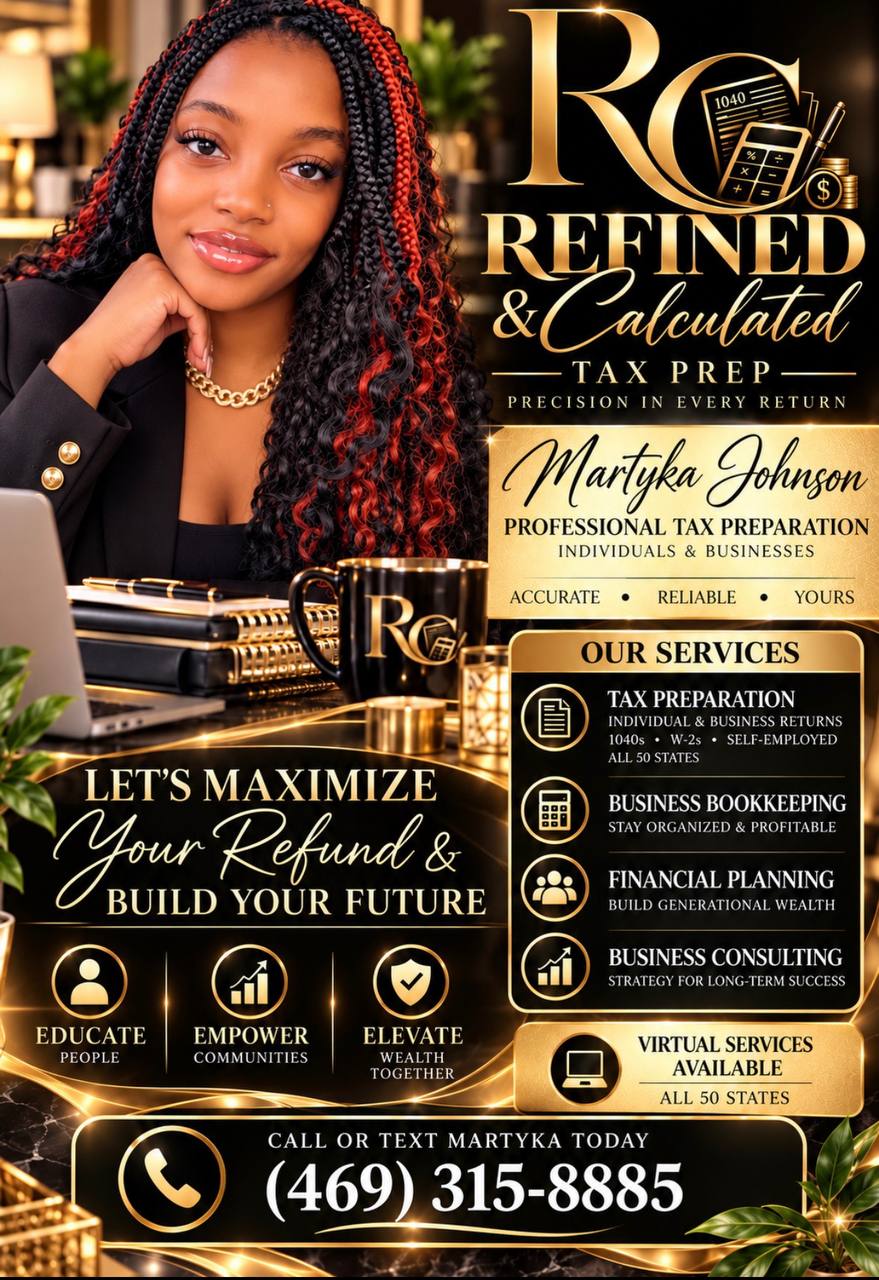Refined & Calculated Tax Prep promotional flyer with business branding and contact information